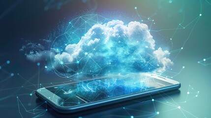 A smart phone with a cloud-shaped digital network above it. The cloud is made of white lines with glowing blue nodes, representing data points.