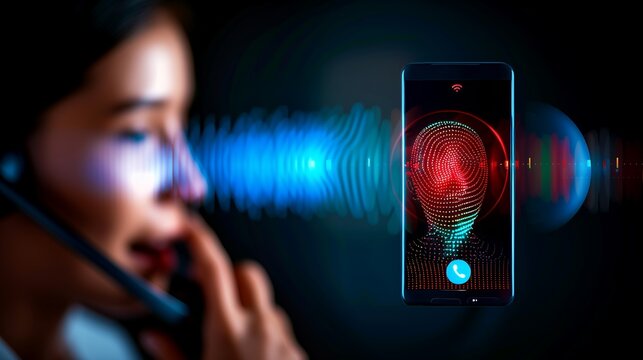 Close-up of woman wearing headset in call with smartphone displaying digital fingerprint and sound waves for secure voice recognition technology