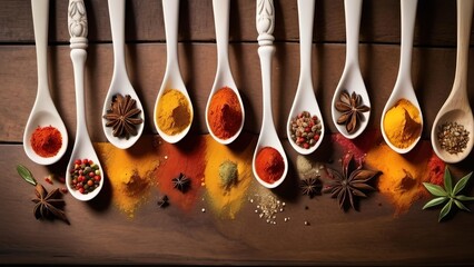 Spoons filled with an array of vibrant spices