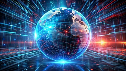Naklejka premium Three-dimensional cyberspace digital world with internet materialization through blue and red lines and colors , cyberspace