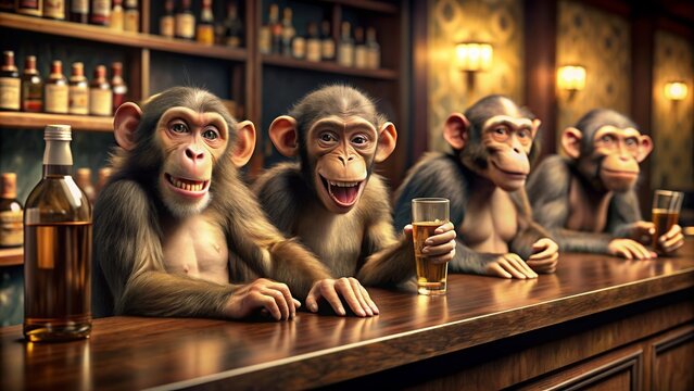 A comical scene of monkeys mischievously playing around in a bar , monkeys, mischief, playful, funny, entertainment, wildlife