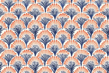 Elegant Art Deco style coral pattern with symmetrical pearl white and deep sea blue design