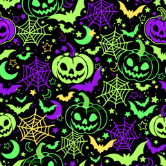 Seamless vector halloween background with pumpkins, spider webs and bats