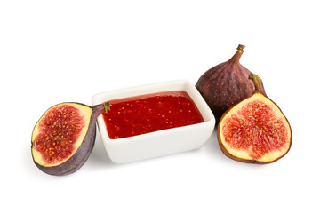 Bowl of sweet fig jam on white background