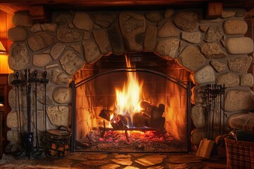 A roaring fireplace fills the room with warmth, creating a comfortable atmosphere as light dances among the stones and wood. Generative AI