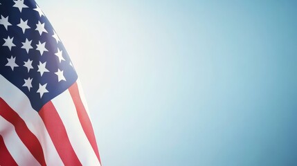 Obraz premium Close-up of an American flag with crisp colors fluttering against a serene blue sky, symbolizing freedom, strength, and national pride