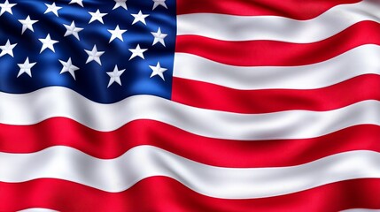 Detailed American flag in motion, vivid reds, whites, and blues, realistic lighting and shading, fabric rippling effect, outdoor setting