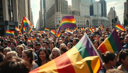 Obraz premium A vibrant and bustling city center is filled with a diverse crowd marching proudly, holding LGBTQ+ flags high. The lively scene features colorful banners and signs, as the enthusiastic group moves thr