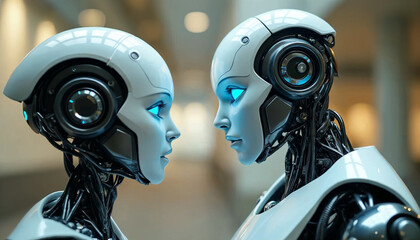 Fototapeta premium close up of a 2 robot , facing and communicate , blue eyes humanoid robot ai ,