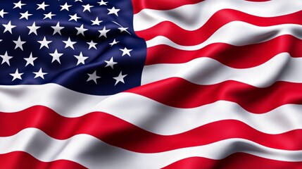 Fototapeta premium Highly detailed American flag, bright red and white stripes, distinct stars on a navy blue field, captured in mid-wave with realistic texture