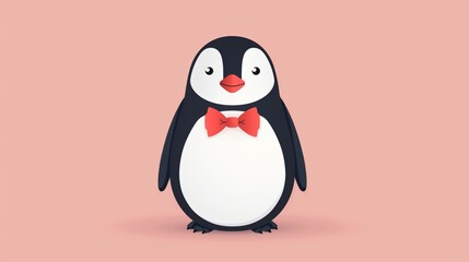 Fototapeta premium 2D illustration of a penguin with a bow tie with basic shapes on a neutral colored background in a simplicity of drawing in a minimalist vector style