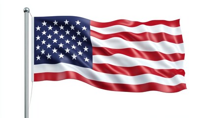 Fototapeta premium Realistic American flag hung over a pole, vivid stars and stripes, natural flow as if caught by wind, detailed fabric texture
