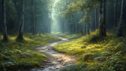 Fototapeta premium A tranquil illustration of a winding pathway through an enchanted forest.