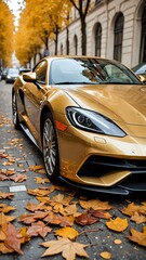 Golden sports car parked in autumnal street.