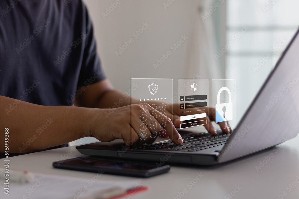 Leinwandbilder cyber security protects login and secure internet access. businessmen use laptop internet networks f