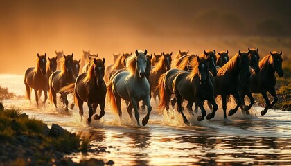 Obraz premium A wild herd of natural horses crossing the river, golden hour. 