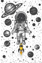 A Black and White Illustration of an Astronaut Floating in Space, Surrounded by Planets, Stars, and a Rocket