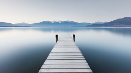 Obraz premium An old, weather-beaten wooden pier jutting into a tranquil lake, coarse textures highlighted by morning light, with mountains in the distance