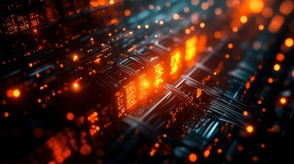 Obraz premium Cybersecurity on the Internet, a network of luminous servers and wires in a dark room.