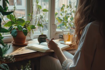 Contemplative person journaling by a window, tea and plants enhancing tranquility