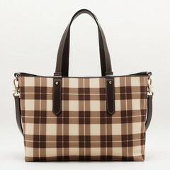 A stylish tote bag with a brown and beige plaid pattern, suitable for daily use.