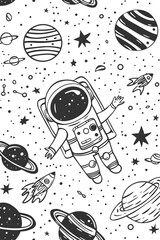 A Hand-Drawn Illustration of an Astronaut Floating in Space Surrounded by Planets, Stars, and a Rocket