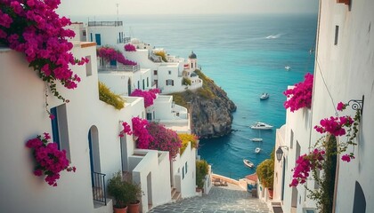 Fototapeta premium A charming coastal village features whitewashed houses adorned with vibrant bougainvillea, winding cobblestone streets, and stunning views of the turquoise sea filled with gently bobbing fishing boats