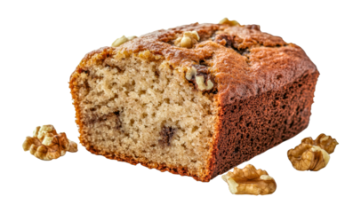 Freshly baked walnut banana bread with slices, cut out - stock png.