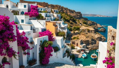 Fototapeta premium A charming coastal village features whitewashed houses adorned with vibrant bougainvillea, winding cobblestone streets, and stunning views of the turquoise sea filled with gently bobbing fishing boats