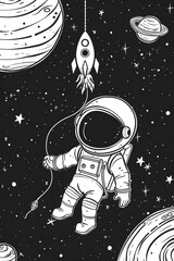 Fototapeta premium A Lone Astronaut in the Vast Expanse of Space, Tethered to a Tiny Rocket, Drifting Amongst Stars and Planets