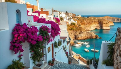 A charming coastal village features whitewashed houses adorned with vibrant bougainvillea, winding cobblestone streets, and stunning views of the turquoise sea filled with gently bobbing fishing boats