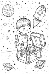 Fototapeta premium A Young Astronaut Exploring the Wonders of Space with a Treasure Chest Filled with Cosmic Delights