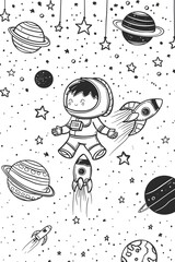 An Adorable Astronaut Soaring Through a Whimsical Galaxy Filled with Stars and Planets