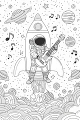 Obraz premium An Astronaut Playing a Guitar in Space, Surrounded by Stars, Planets, and Music Notes, Riding a Rocket Through a Cosmic Landscape