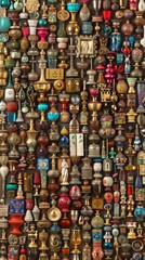 Obraz premium Colorful decorative knobs and handles fill a workshop wall, showcasing intricate designs and craftsmanship in natural light