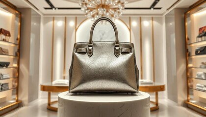 modern Metallic leather hand bag on a pedestal in a luxury boutique, opulent decor, spotlight, ad shot
