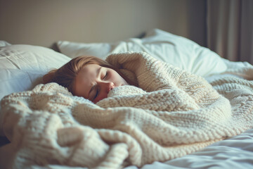 A peaceful scene of a person sleeping under a cozy blanket in a softly lit bedroom.