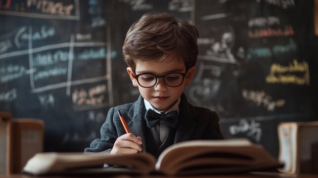 a schoolboy in a suit and glasses sits writing with a pen in a notebook - Powered by Adobe