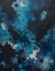 Abstract painting with splashes of blue, black, and gray paint on a canvas, randomly splattered, creating a dynamic and chaotic composition, Generative AI.