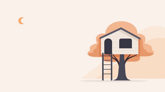 2D illustration of a treehouse perched in a tree with basic shapes on a neutral colored background in a simplicity of minimalist vector style drawing