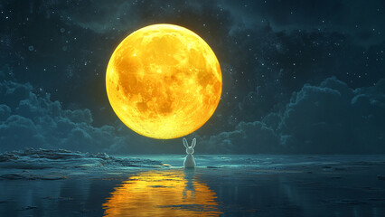 Realistic Floating Moon and Adorable Moon Rabbit