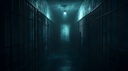 Dimly Lit Prison Corridor with Metal Bars. Generative ai