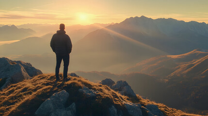Dramatic Mountaintop at Sunrise. Man Looks out at the Horizon. 