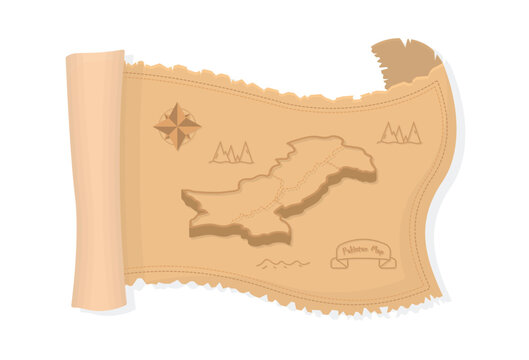 Old treasure folding paper with pakistan map, parchment antique paper with border line blank isolated on white background