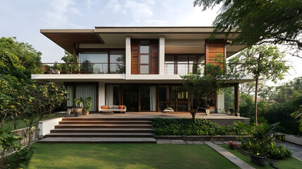 Fototapeta premium The sustainable exterior architecture of a contemporary Indian residence.