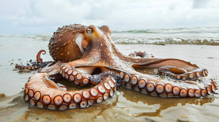 Closeup view of a large eight legged octopus creature lying stranded on the sandy beach with its long tentacles spread out against the coastal environment