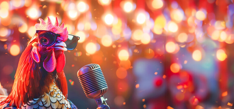 A image of a chicken wearing sunglasses and a colorful fashion outfit holding a vintage microphone and singing karaoke on a lively party stage with a random festive background