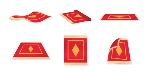 Set of red cartoon carpets, flat living room interior vector illustration isolated on white background