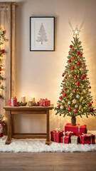 christmas decorated product display podium with christmas ornaments and lights, cozy christmas homem, christmas scenery with lights, cozy christmas podium with presentation space, ad, podium platform