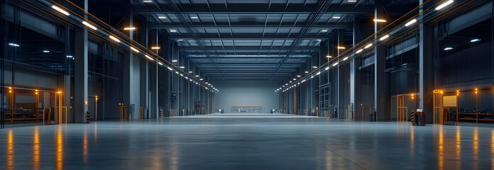 Naklejka premium Expansive and cavernous empty industrial factory warehouse interior with overhead cranes lighting and open space Representing a manufacturing plant or supply chain distribution network facility